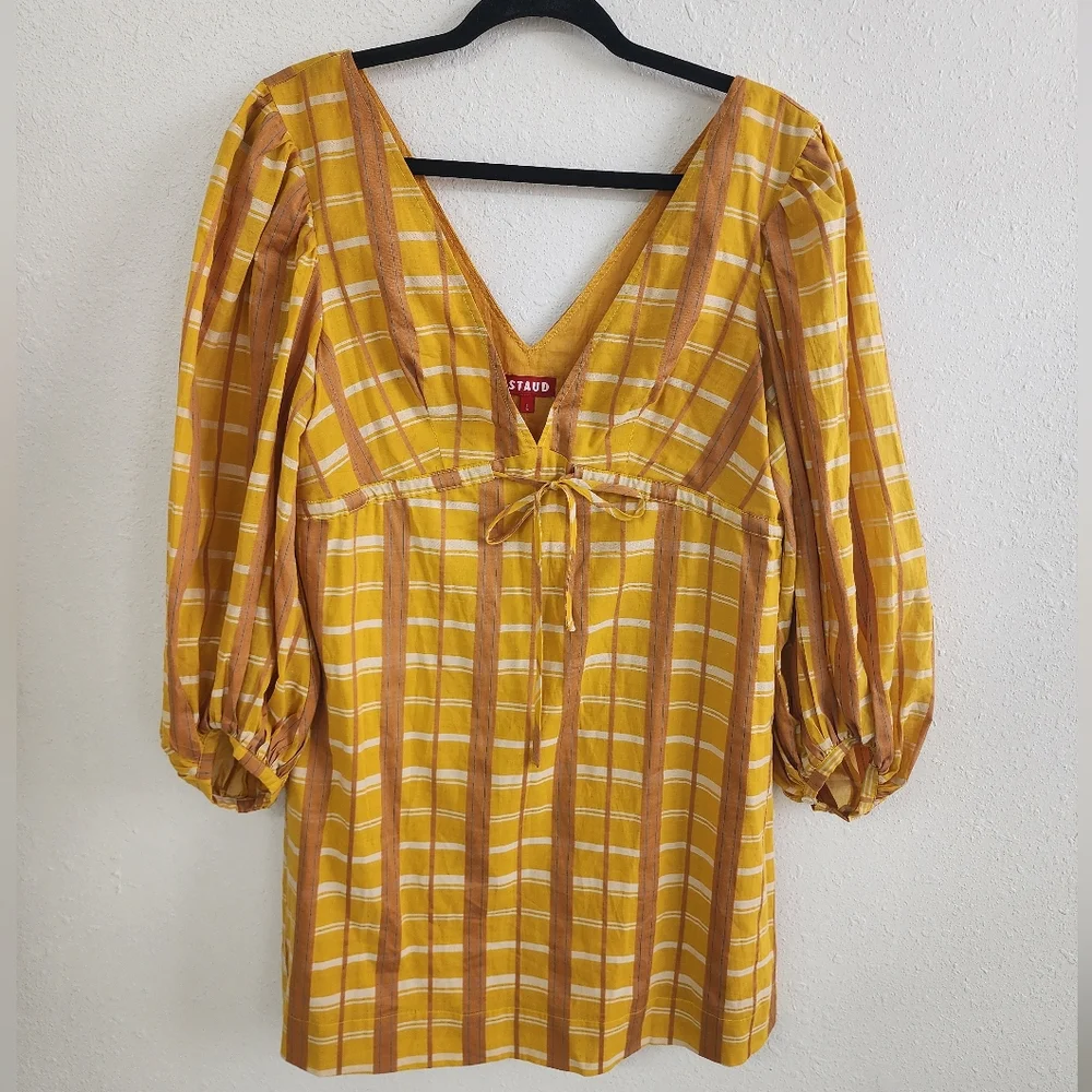 STAUD Keshi Dress Mustard Plaid Long Sleeve Mini Dress V neckline Size Large - Picture 4 of 7